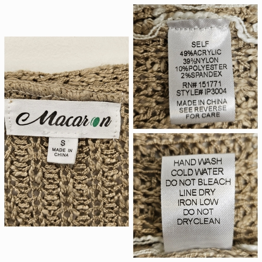 Macaron Cardigan Sweater Small Neutral Beige White Striped Open Knit Pockets - Picture 7 of 8